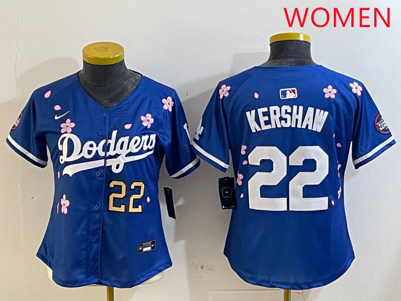 Women Los Angeles Dodgers #22 Kershaw Blue White Blue Sakura Edition 2025 Nike MLB Jersey style 4